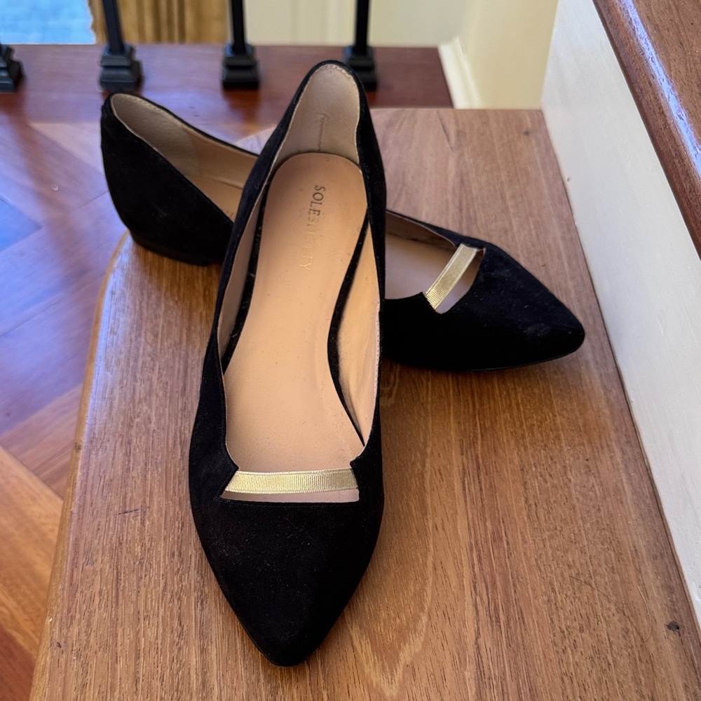 Sole Society Black Suede Pointed Toe Flats with Gold Accent